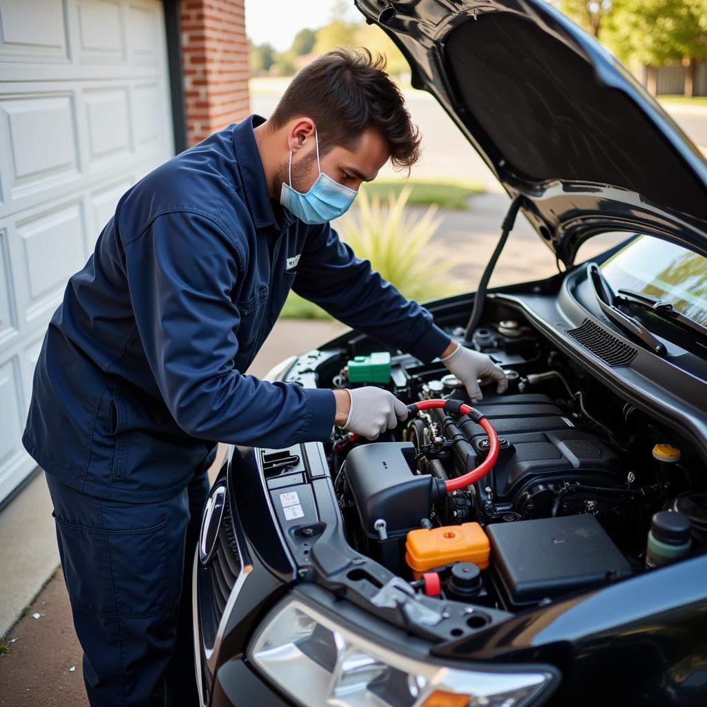 A mobile mechanic servicing a car in a driveway during lockdown, wearing a mask and gloves.