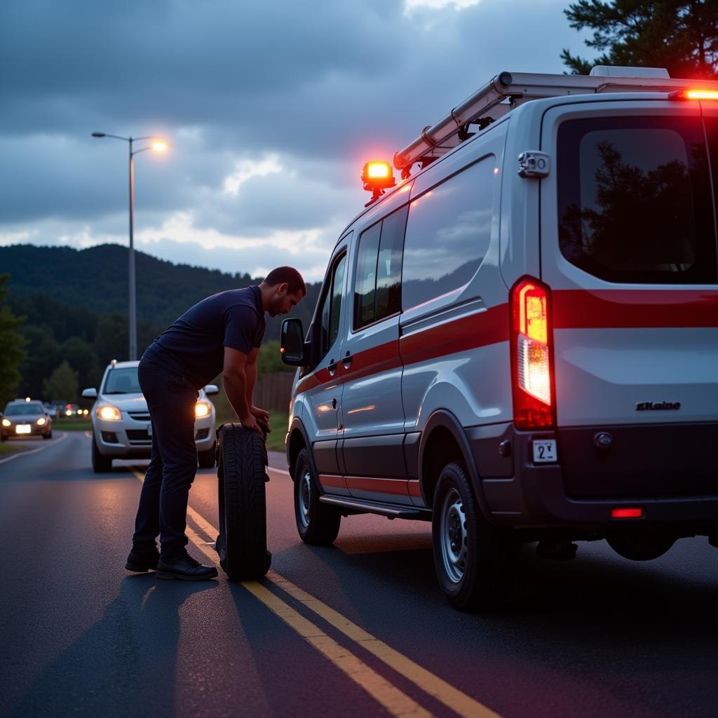 Mechanic Changing Tire on Side of Road