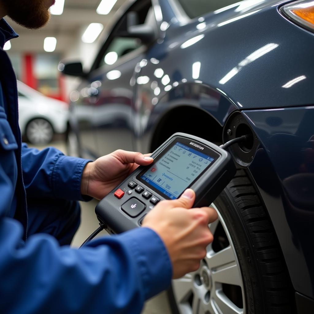 Mechanic Using Diagnostic Tool on Car