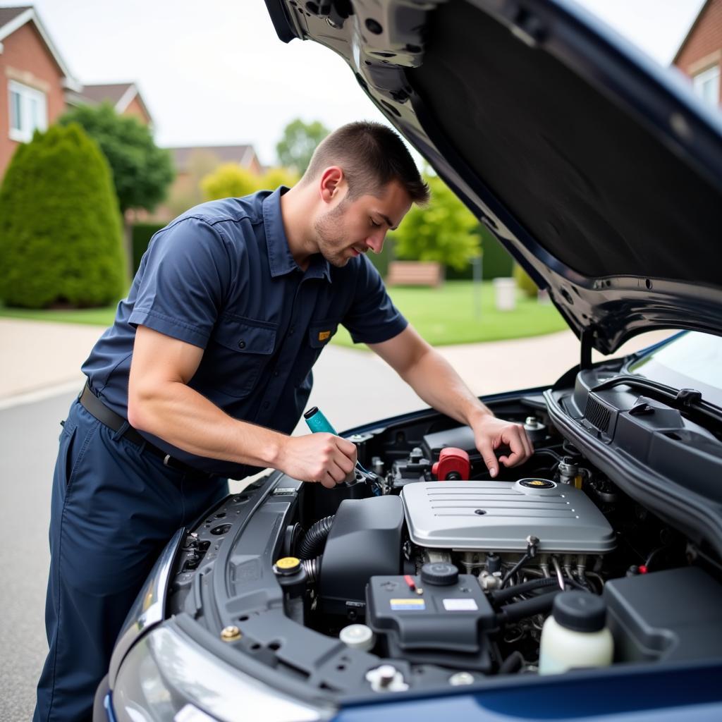 Mobile mechanic performing car repair service in a client's driveway