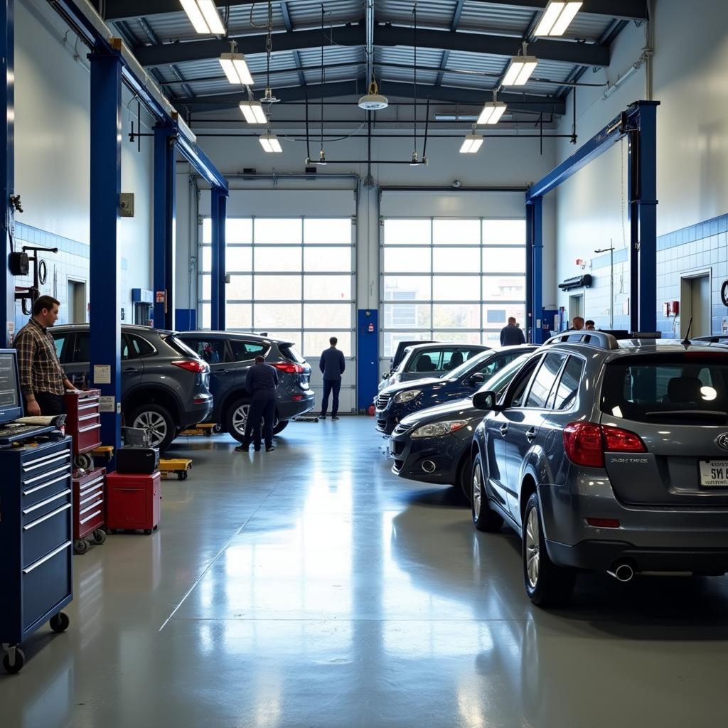 Modern Car Repair Workshop: A clean and organized car repair workshop with various tools and equipment.