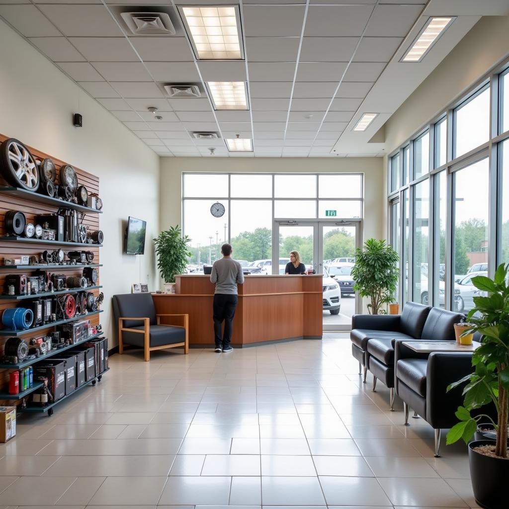 Modern and clean reception area of a car service center.