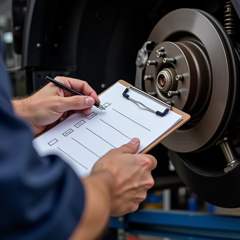 MOT Tester Checking Vehicle Against Checklist