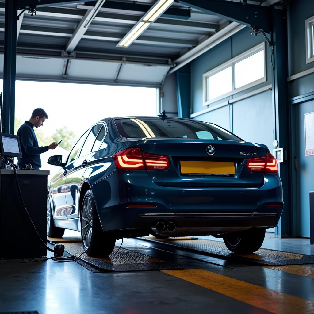 MOT Test in Preston: A car undergoing an emissions test during an MOT.