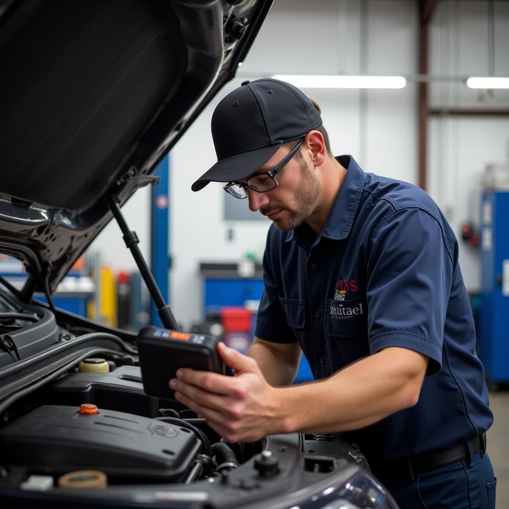 Norman, OK Car Service Center Mechanic Inspecting a Vehicle