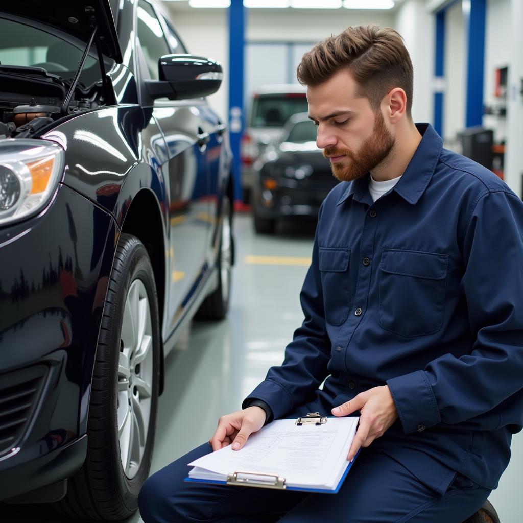 Experienced technician thoroughly inspecting a vehicle in a 613 car service center.