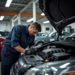 A certified mechanic inspecting a car engine in a well-equipped repair shop in Phoenix, AZ