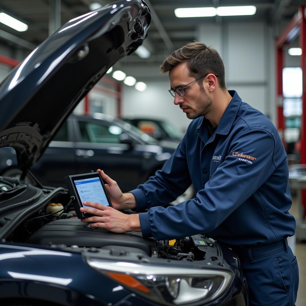 Mechanic Checking Engine in a Pinner Car Service