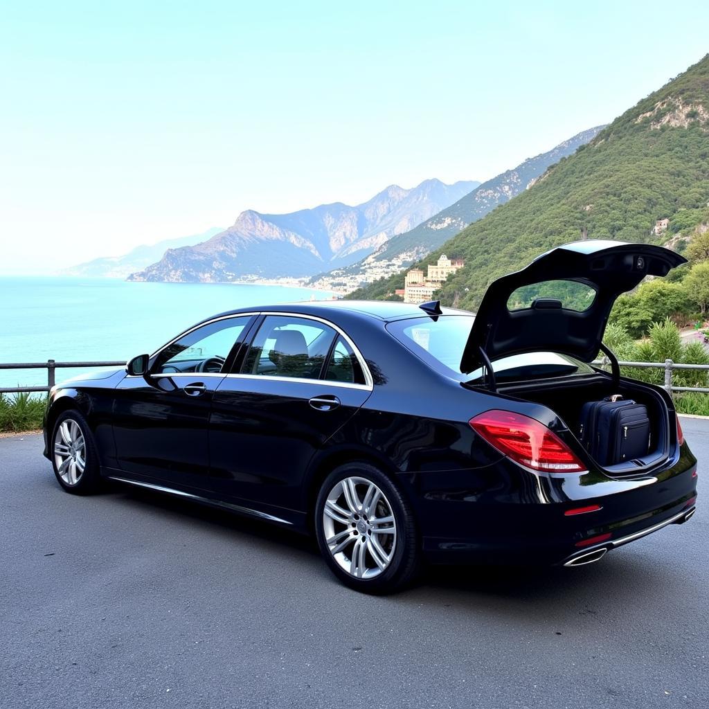 Positano to Naples Airport Car Service: A black luxury sedan parked overlooking the Amalfi Coast, with luggage loaded in the trunk, ready for airport transfer.