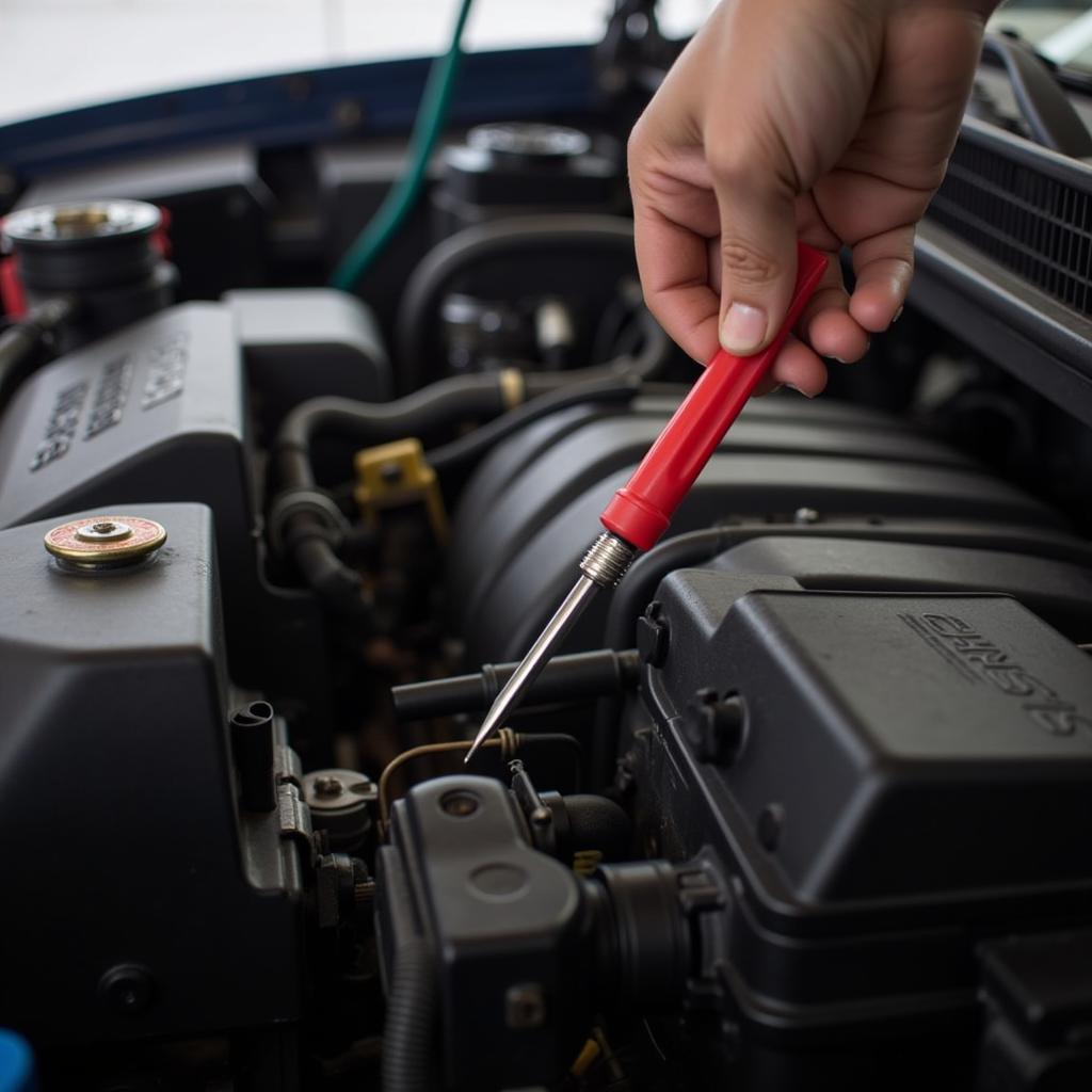 Car Maintenance Tips in Preston: Close-up of a mechanic checking the oil level in a car engine.