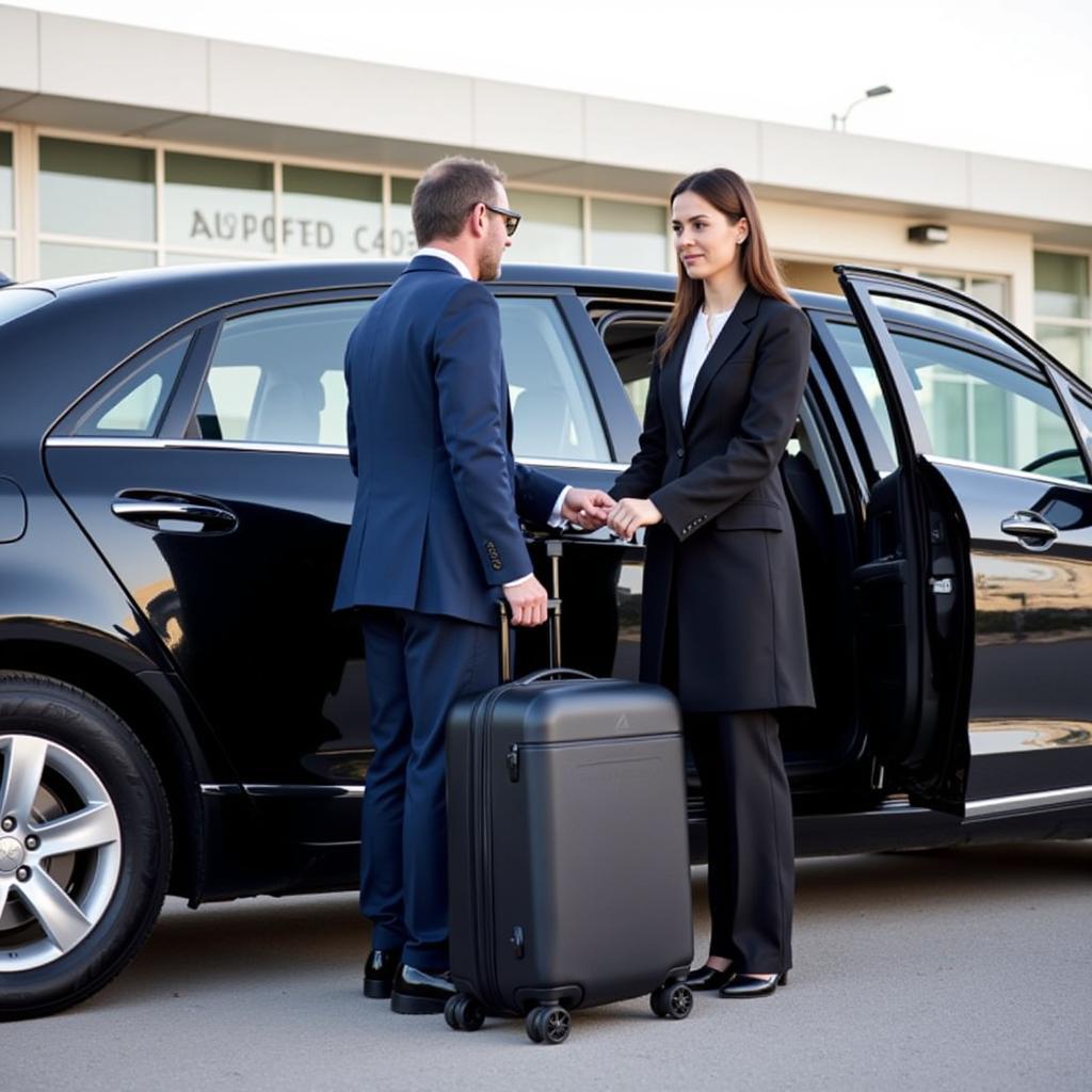 Private Transfer from Positano to Naples Airport: A chauffeur helps a passenger with their luggage, with the airport terminal in the background.