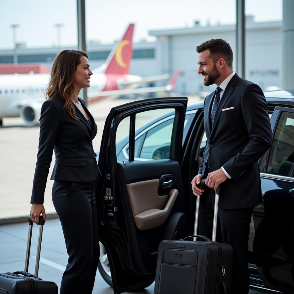 A professional chauffeur assisting a passenger with luggage at Salt Lake City International Airport.