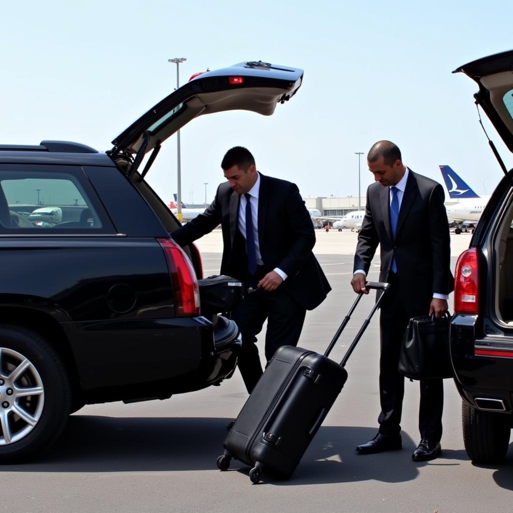 Professional chauffeur assisting passengers with luggage at Boston Logan Airport.