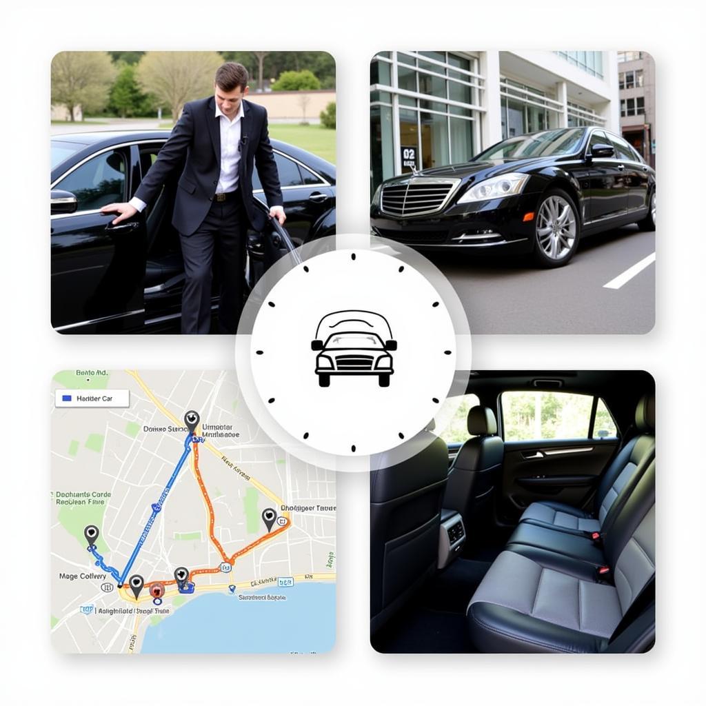 Professional DCA Car Service Benefits: A collage showcasing the key benefits of using a professional car service at DCA, including reliability, comfort, safety, and convenience. Each image in the collage represents a specific benefit, such as a chauffeur holding a door open, a comfortable car interior, a map highlighting a direct route, and a clock symbolizing punctuality.