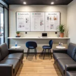 Customers relaxing in the comfortable waiting area of a quick fit car service center.