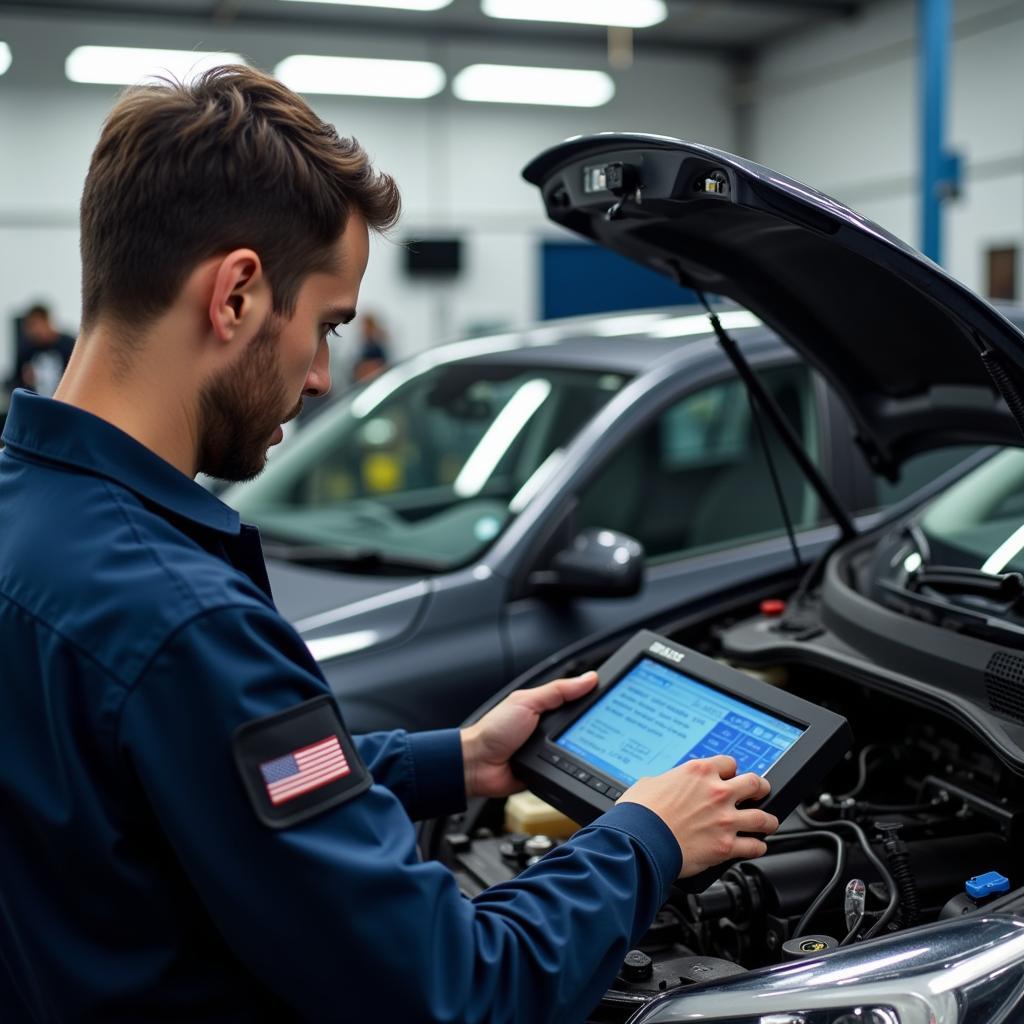 Experienced Car Service Technician Performing Diagnostics