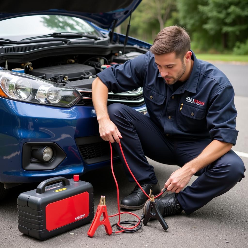 Jumpstarting a car with roadside assistance.