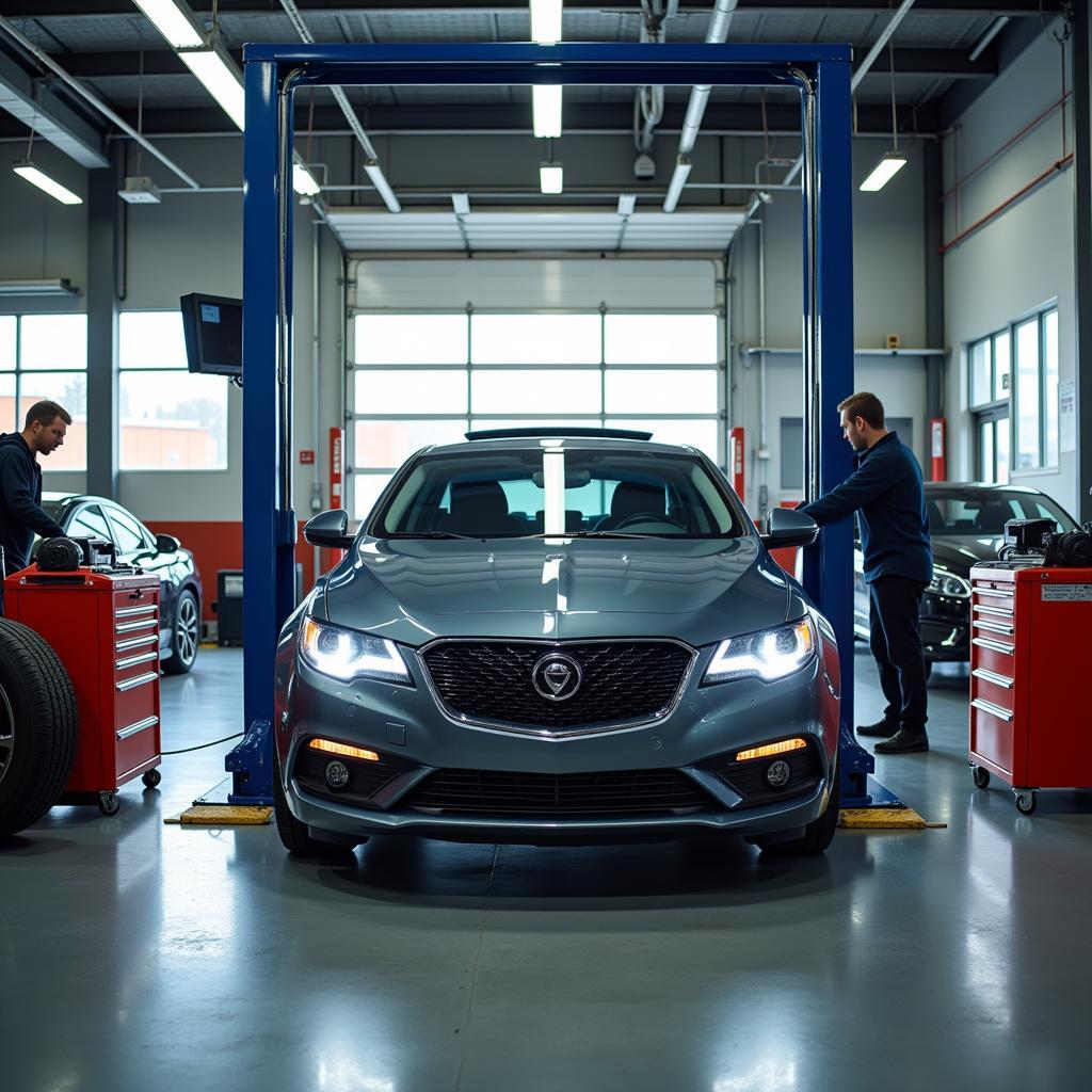 Routine car maintenance in a busy garage