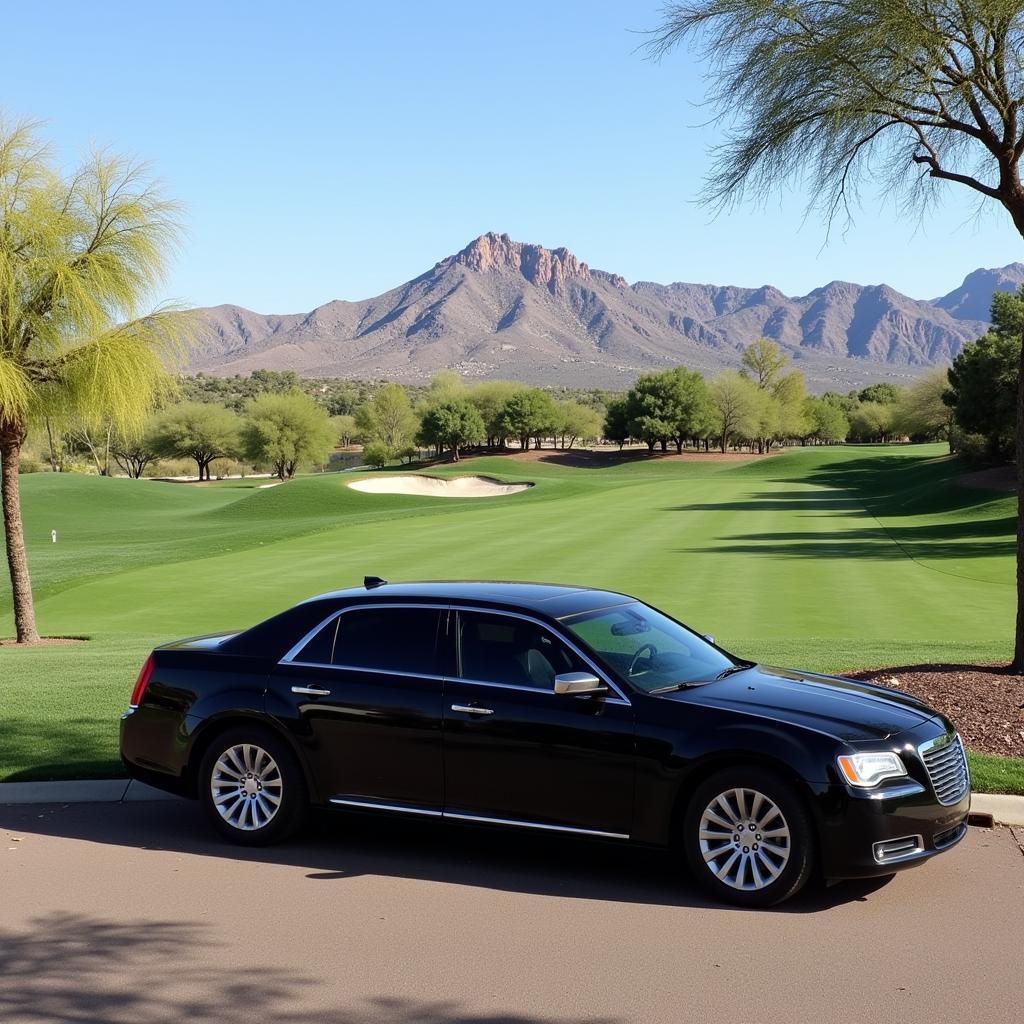 A luxurious black car service parked in front of a scenic Scottsdale backdrop.