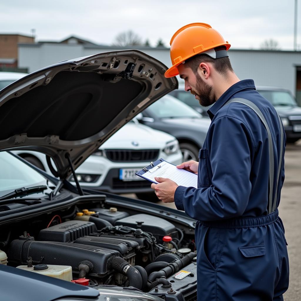 Scrap Car Removal London: A worker from a car removal service inspecting a scrap car before towing.