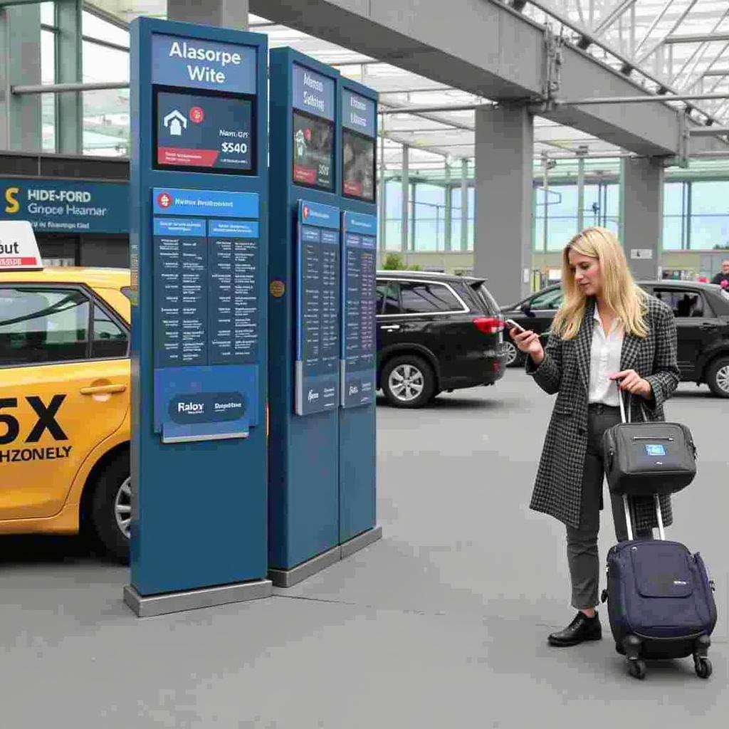 SeaTac Airport Car Service Options: A traveler looks at their phone while waiting for a car service outside the SeaTac airport.