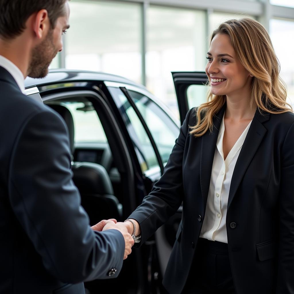 Smooth Car Service Experience Fort Lauderdale: A happy passenger being greeted by a professional chauffeur at the airport.