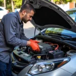 Technician Installing New Car Battery