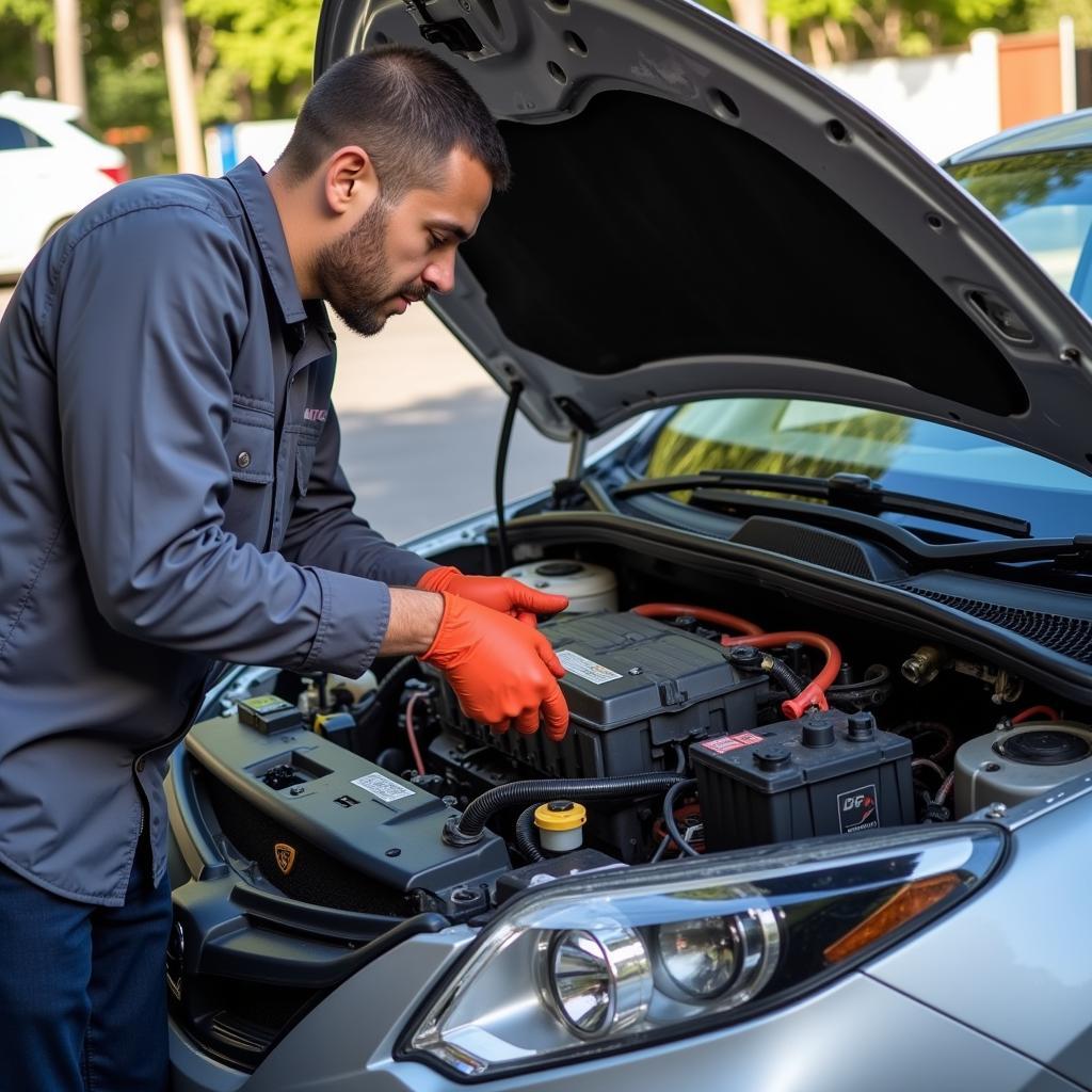 Technician Installing New Car Battery