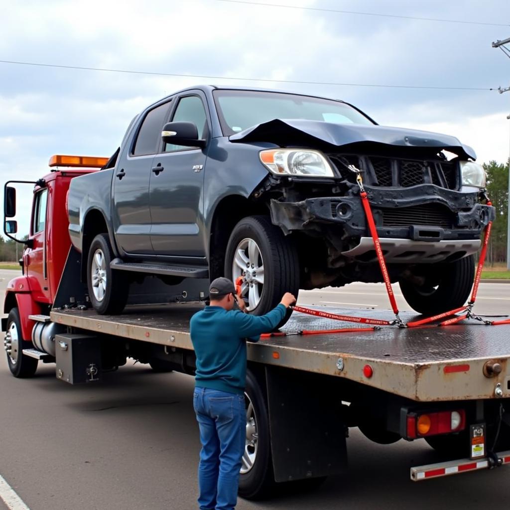 Tow truck operator securing a vehicle for transport.