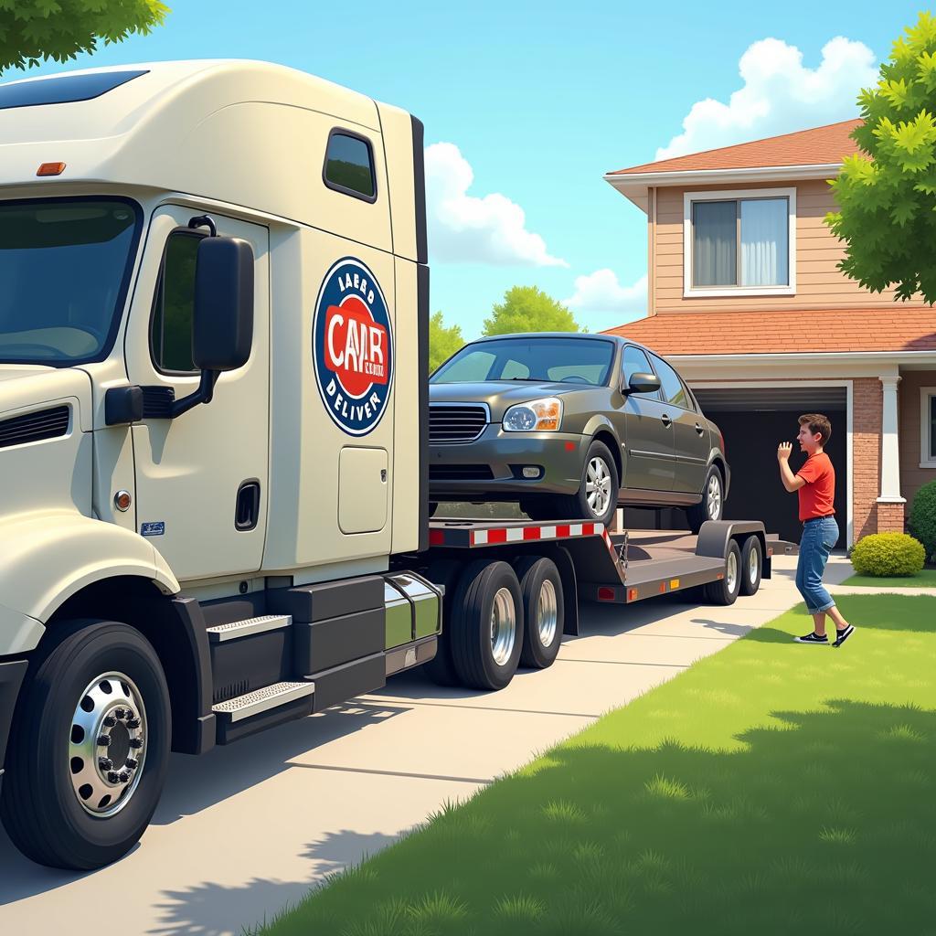 Used Car Delivery Truck Arriving at Home