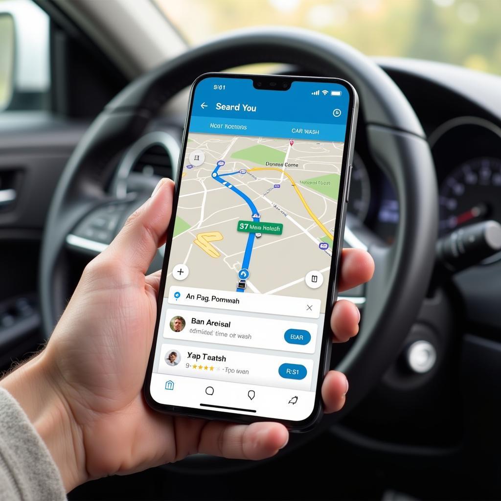 Person using a navigation app to find a car wash