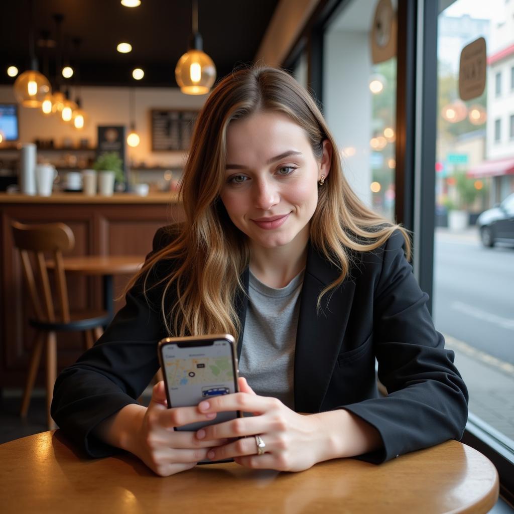 A woman booking a car service using a mobile app.