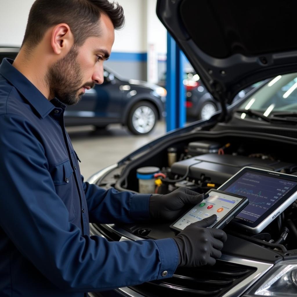 Worcester Car Service Technician: A certified technician using diagnostic equipment on a car.