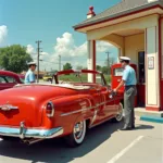 A classic 1950s car getting gas at a vintage service station.