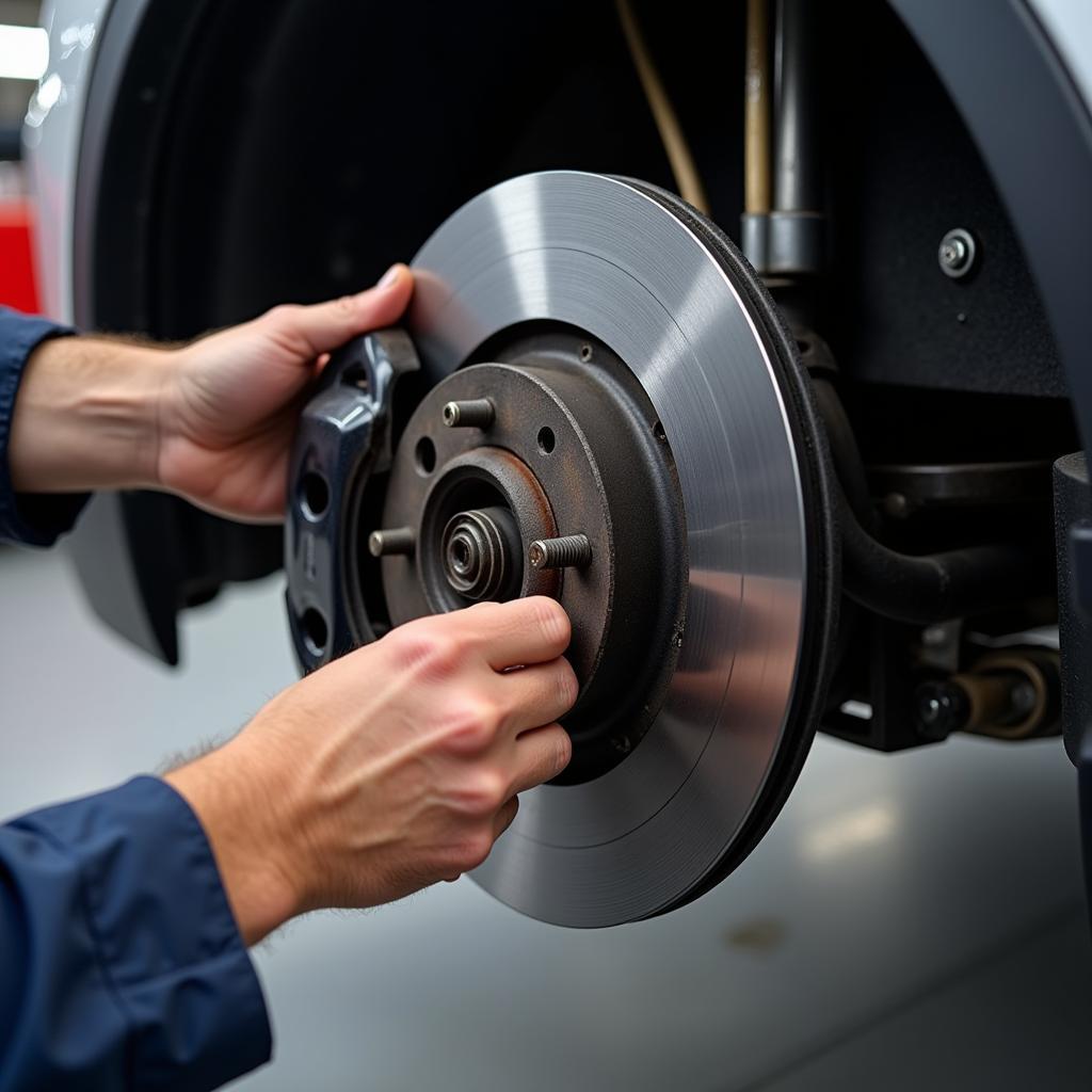 Technician Checking Brake Pads During 77 Point Service