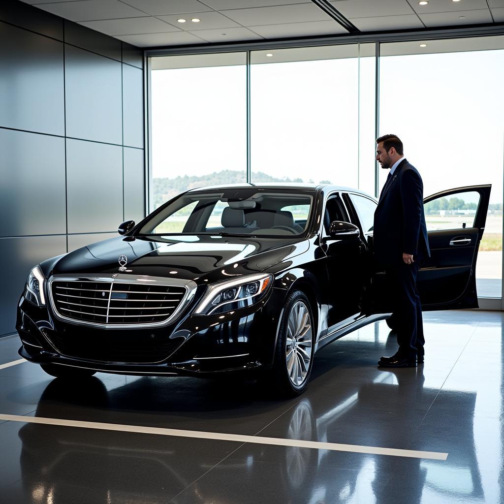 Black luxury car parked outside airport terminal