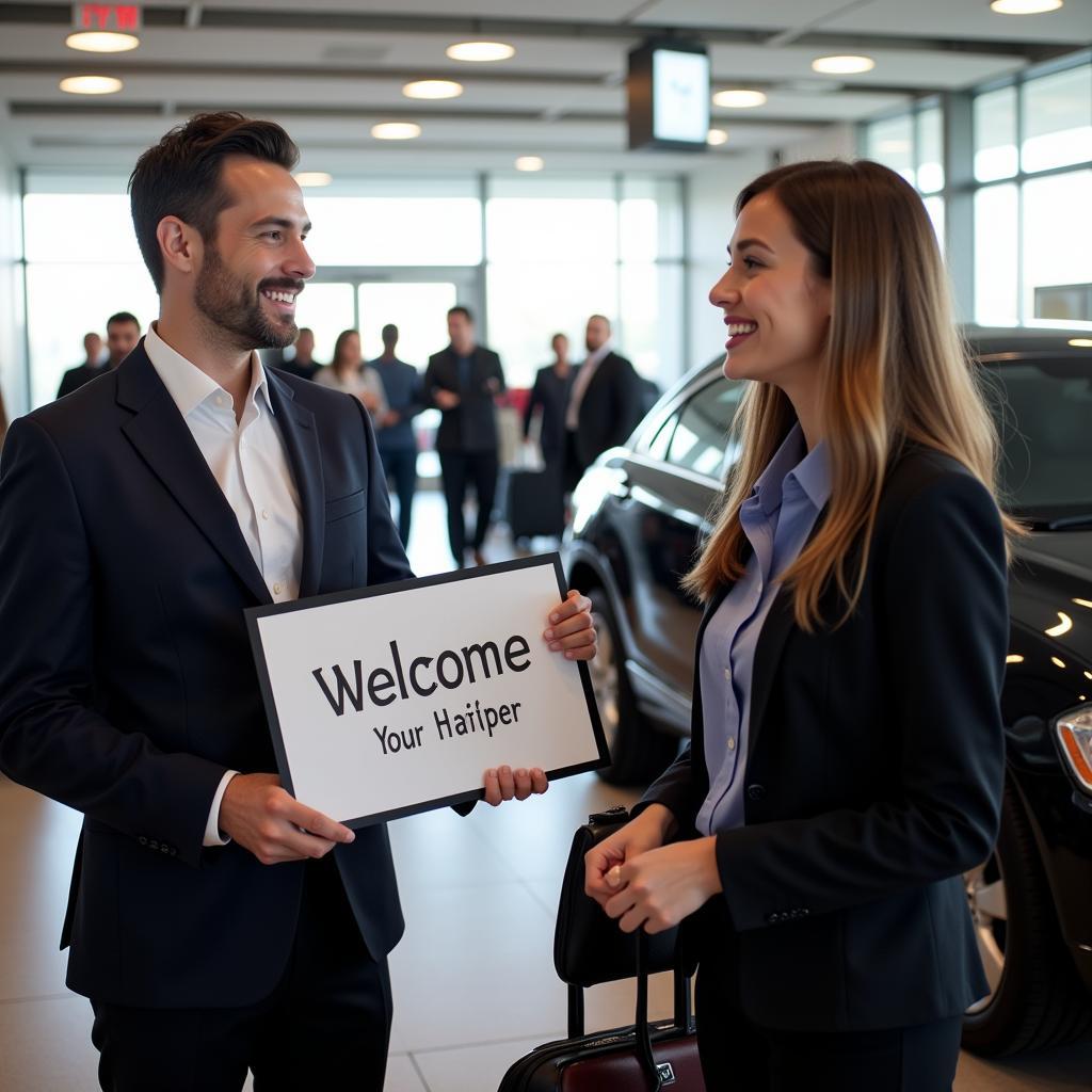 Passenger being greeted by a chauffeur at airport arrival