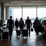 Group of travelers exiting an Atlanta airport with their luggage being loaded into a waiting car service.