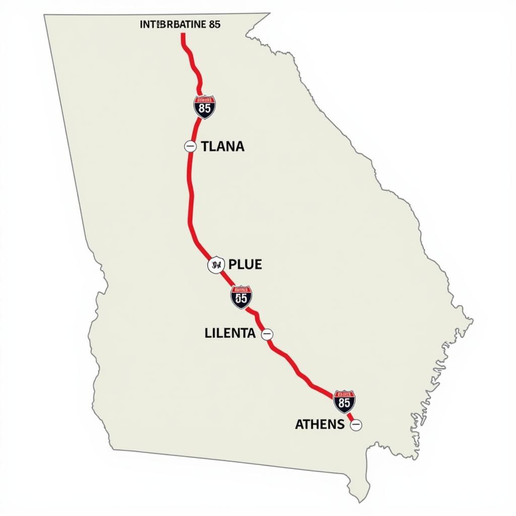 Map showing the route between Atlanta and Athens