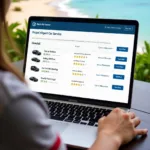 Booking Honolulu Airport Car Service Online: A person uses a laptop to book their car service online, comparing prices and services from different providers.