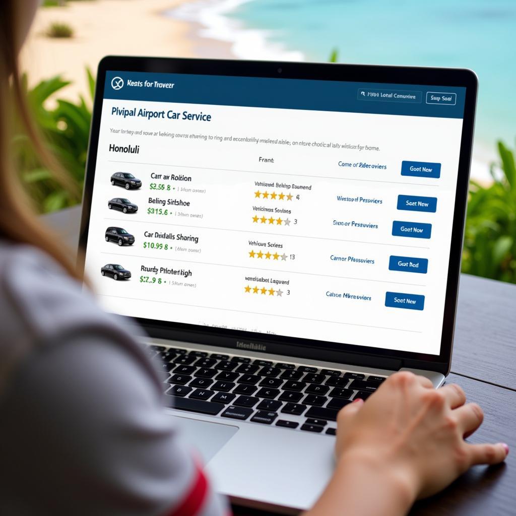 Booking Honolulu Airport Car Service Online: A person uses a laptop to book their car service online, comparing prices and services from different providers. 