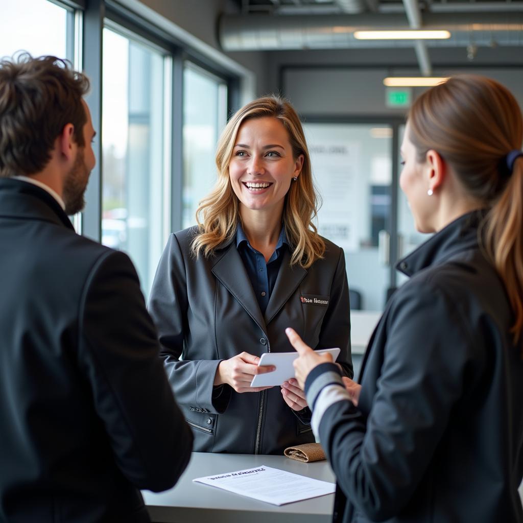 Friendly customer service representative assisting a customer at Bosch Car Service & Reisemobile Doerr GmbH.