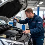 A Bosch Car Service technician working diligently on a vehicle's engine, using specialized diagnostic tools.