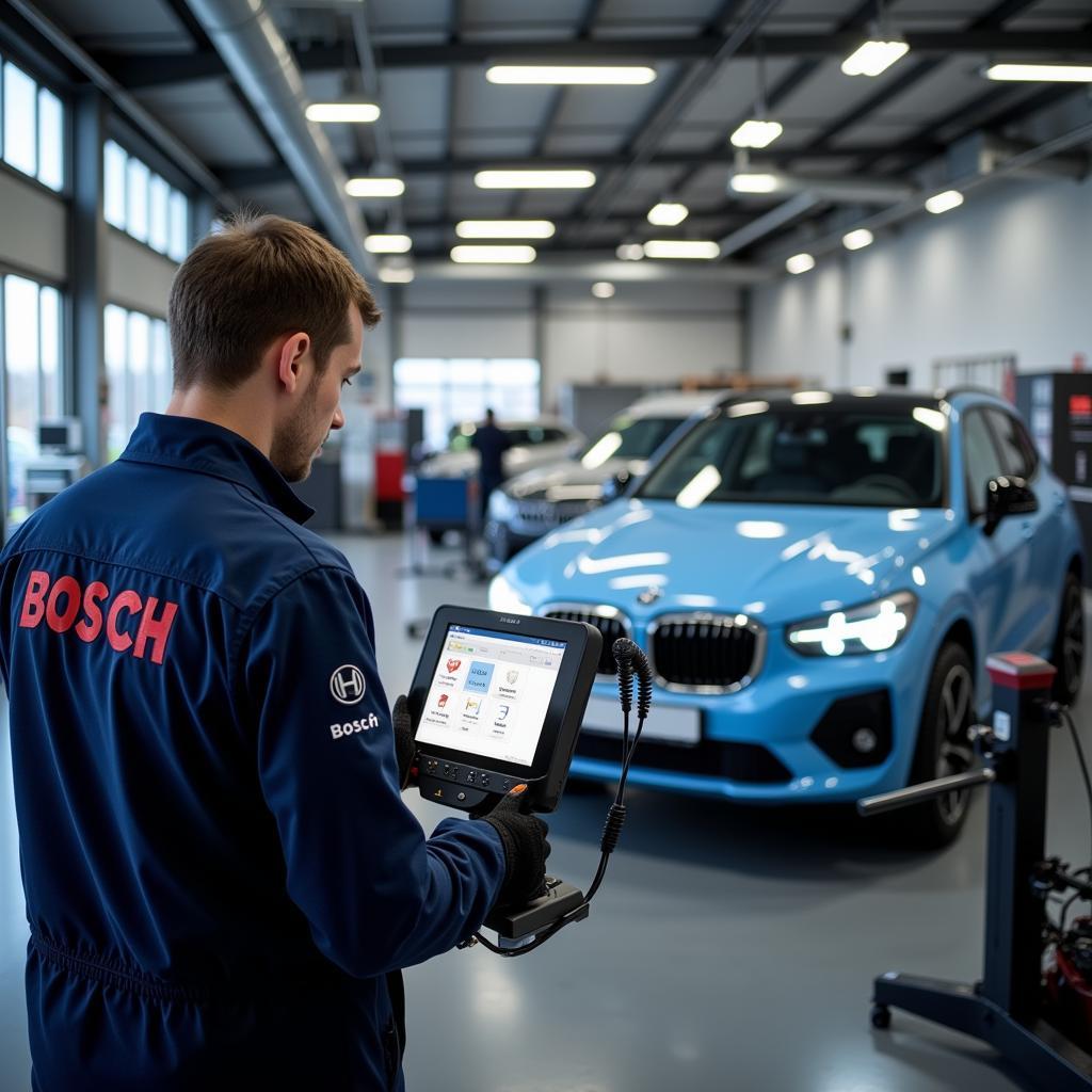 Bosch Car Service Technician in Stuttgart performing diagnostics