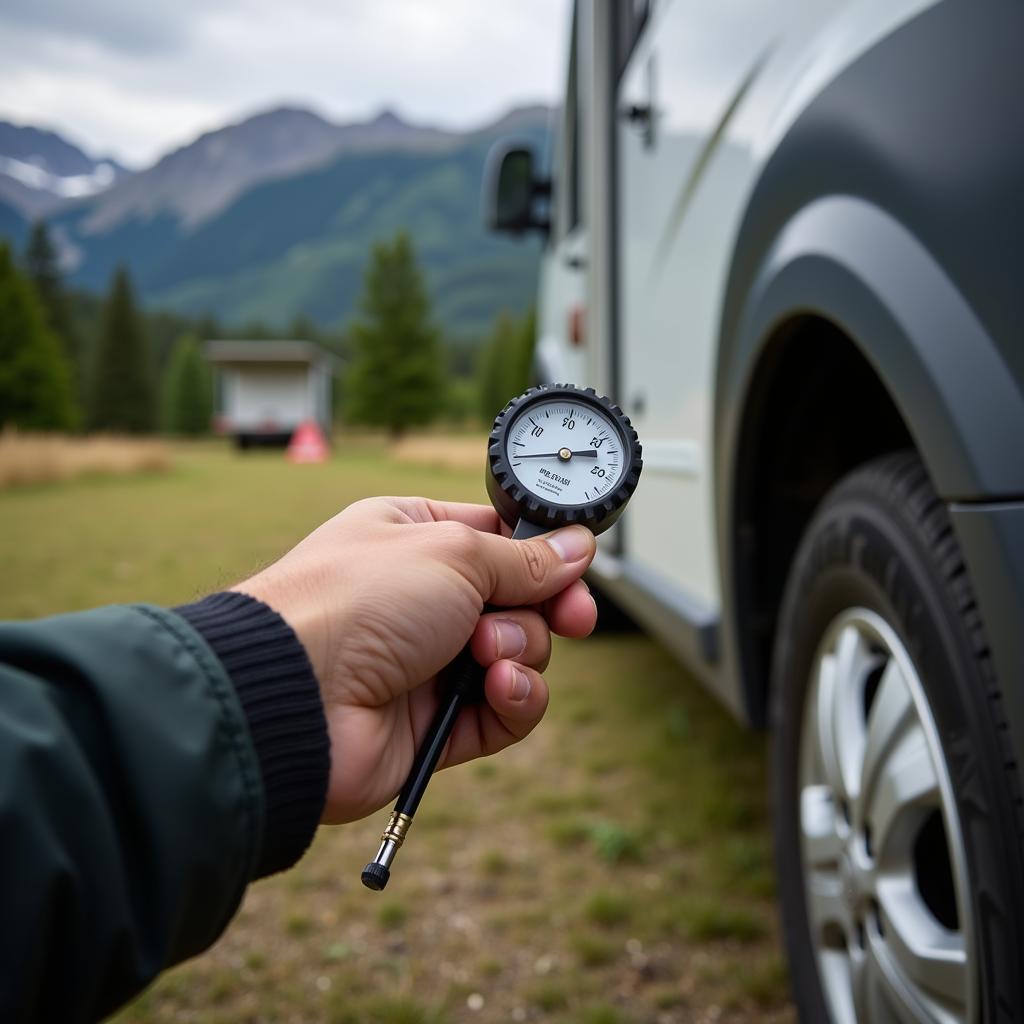 Checking tire pressure on a camping car in Seclin