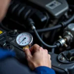 Car AC Service Solihull: A technician checks the refrigerant levels in a car's air conditioning system.