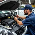 Technician servicing a car's air conditioning system