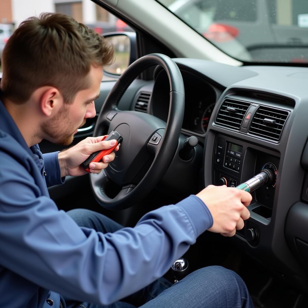 Mechanic performing a routine car air conditioning maintenance check.