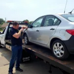 A tow truck picking up a car after a breakdown following service