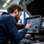 Car Diagnostic Services in Frimley Green: A mechanic using a diagnostic computer to analyze a car's engine performance. The screen displays various data points and readings.